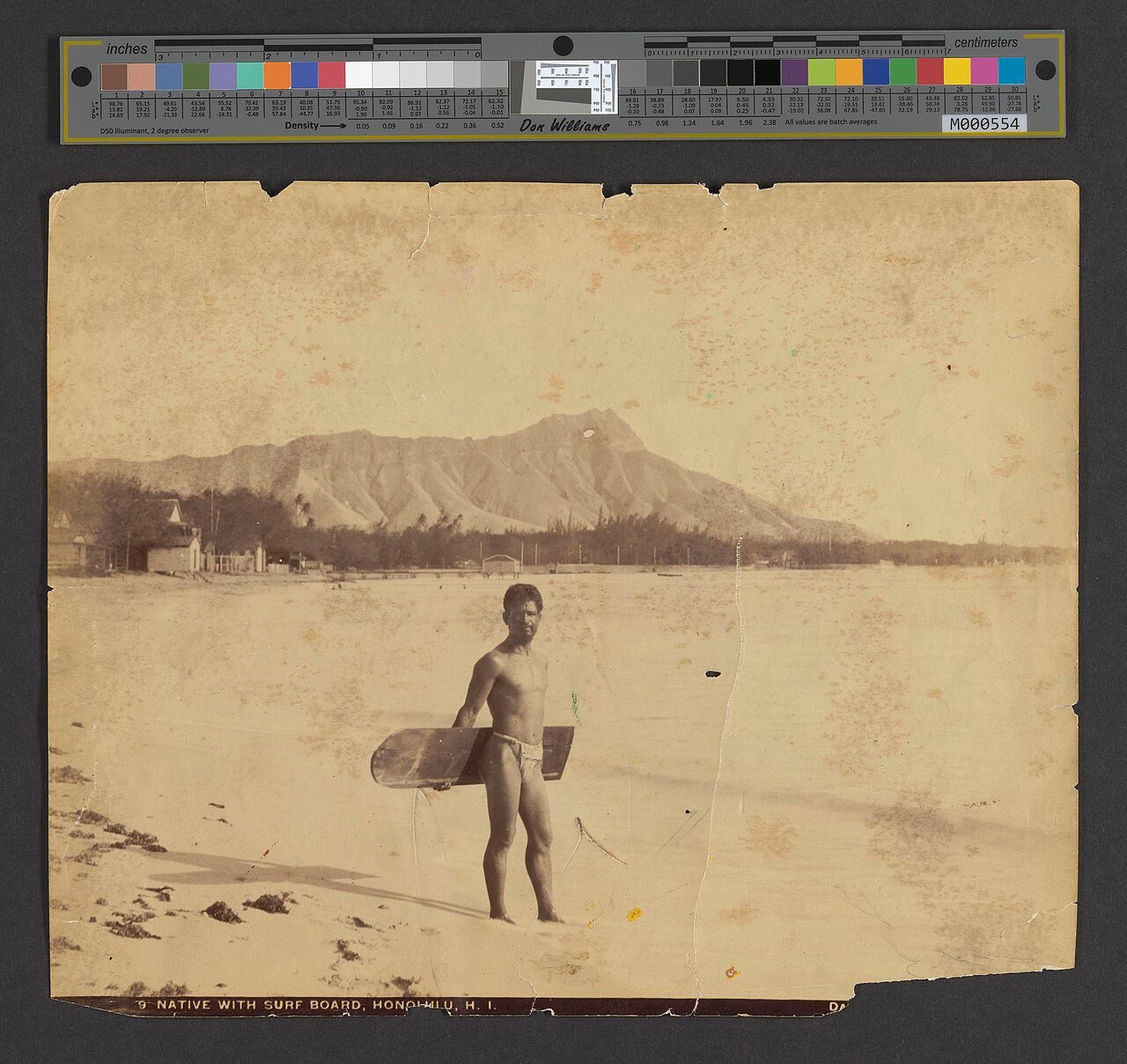 Surfista hawaiano con tabla alaia, imagen histórica; antecedente cultural del surf, no una práctica de SUP.